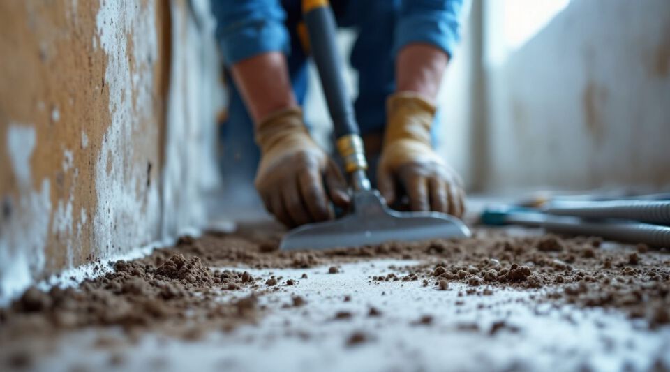 A wide-angle view of a clean crawl space floor completely covered in a thick, white plastic vapor barrier with concrete foundation walls.